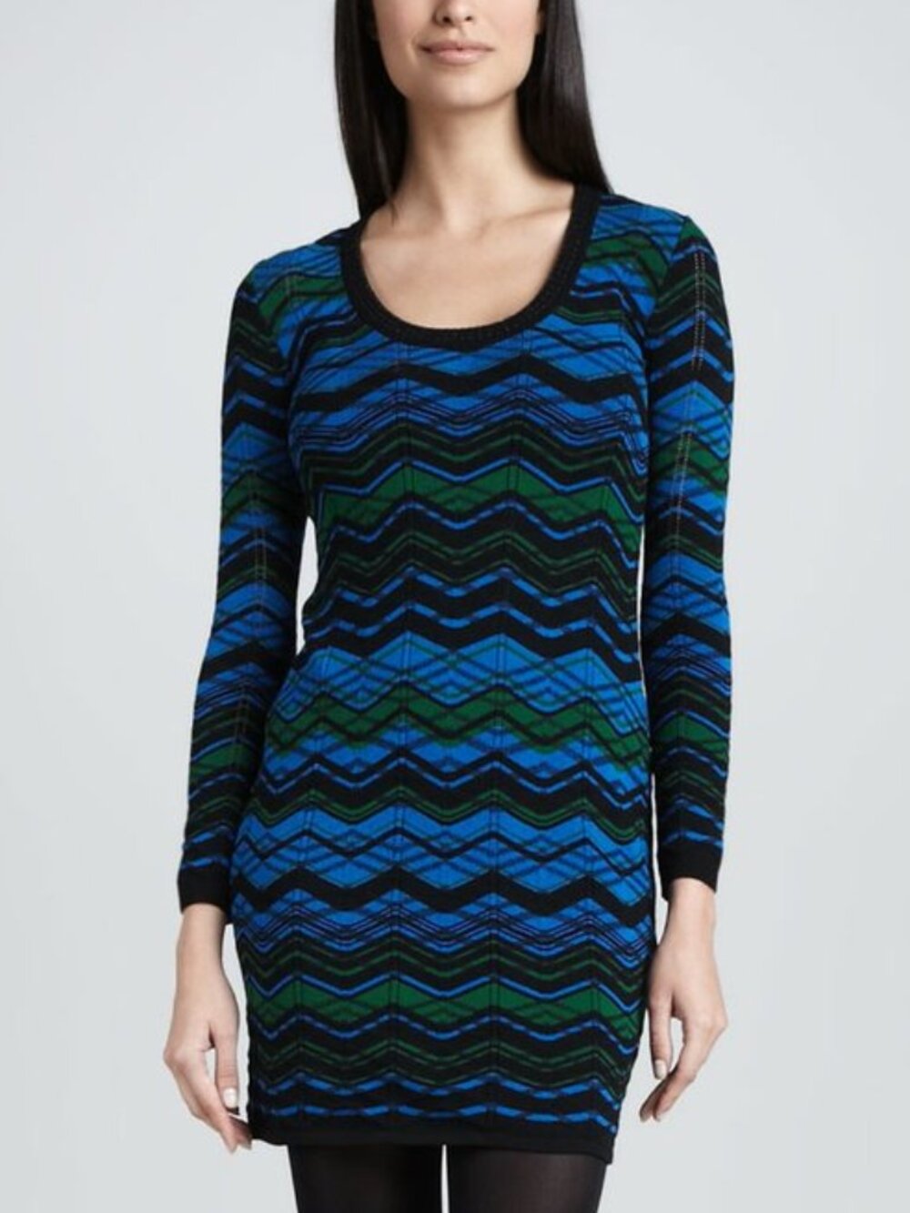 M by Missoni Blue "Bias Plaid" Zig-Zag Knit Long-Sleeve Dress